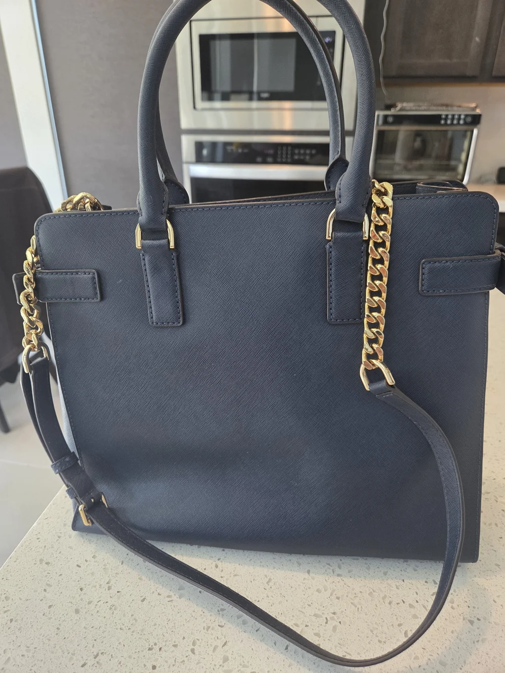Michael Kors Navy Saffiano Leather Tote with Gold Hardware